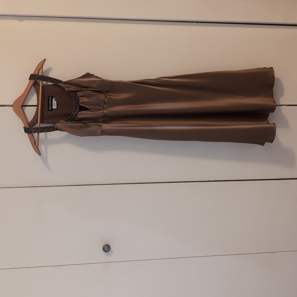 Donna Morgan brown silk dress with sequin neckline
